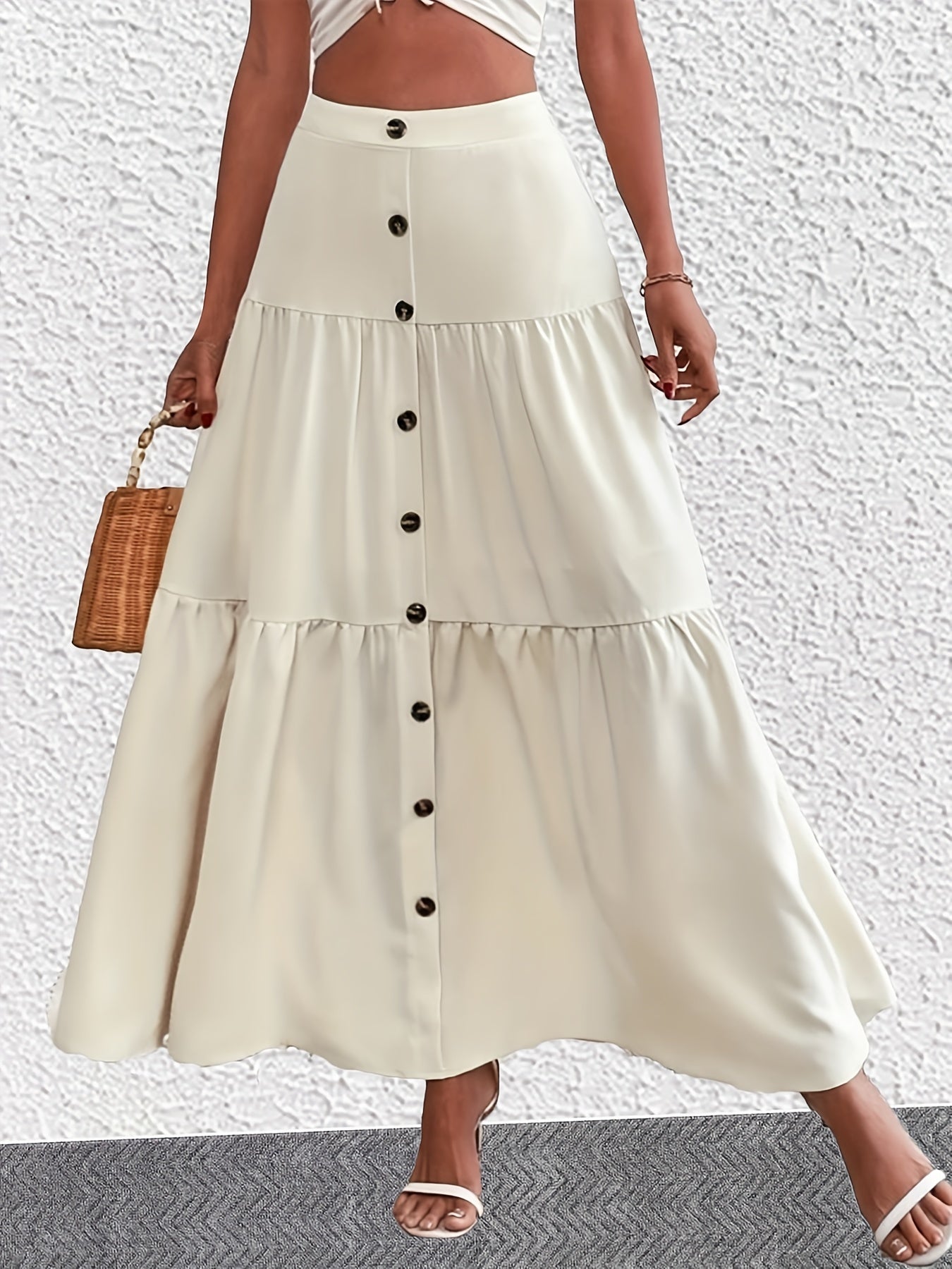  Solid Button High Rise Maxi Smock Skirt