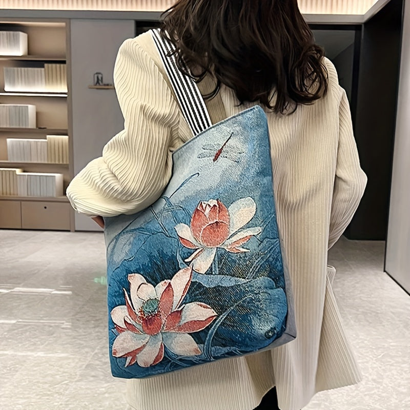 Cartoon Print Retro Tote Bag Large Shoulder Bag Women's Casual Handbag