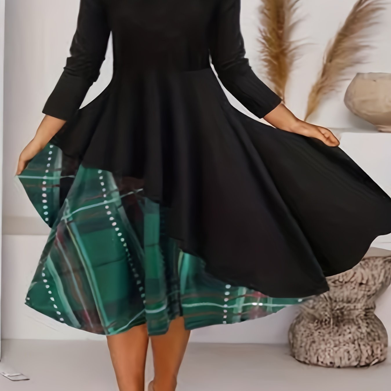  Plaid Print Long Sleeve Layered Dress
