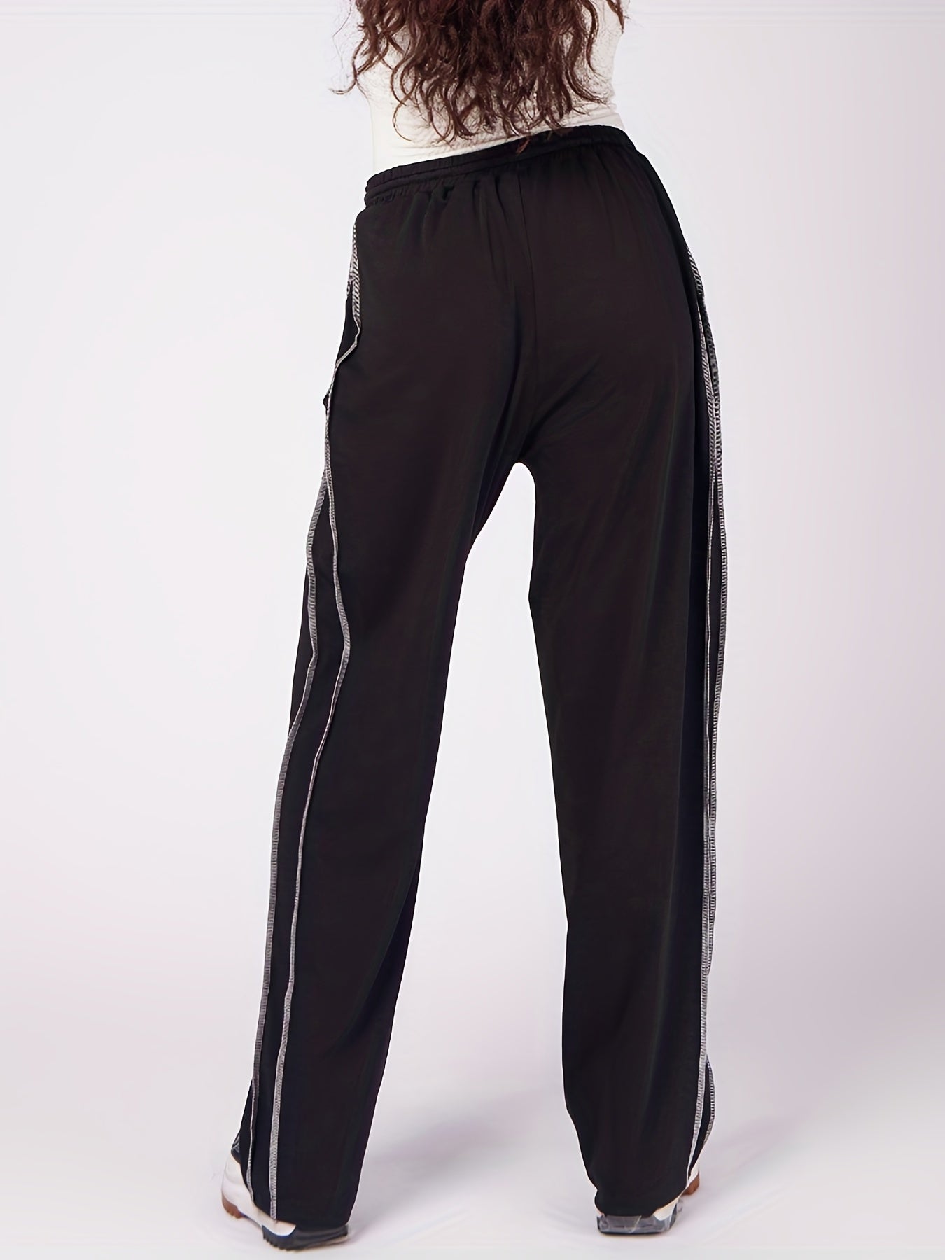  Solid Stitching Elastic Drawstring High Rise Casual Pants