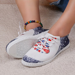 Women's Flag & Heart Pattern Sneakers Breathable Knit Lace Up Outdoor Shoes