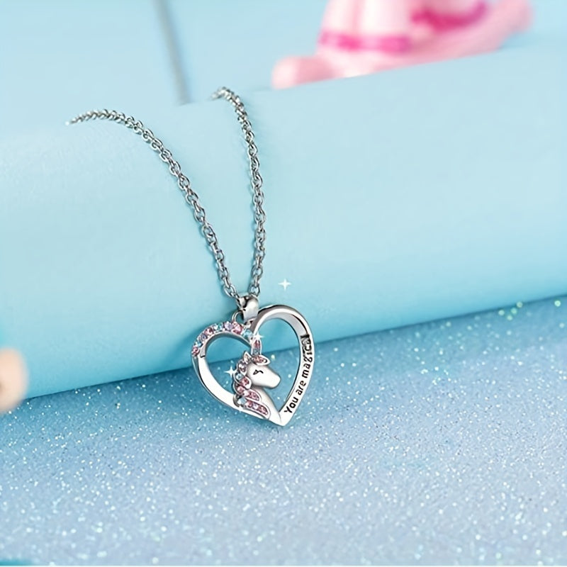 Zircon Unicorn Heart Pendant Necklace for Girls