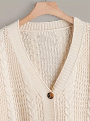  Solid Cable Button Up Lantern Sleeve Cardigan