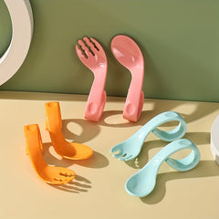 Kids Training Spoon Curved Handle Fork Spoon Set with Storage Box