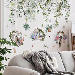 2pcs Flower Vine Tree Branches And Birds Wall Stickers Self Adhesive Decor