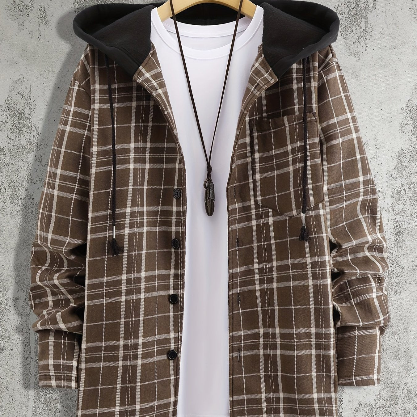 Men's Plaid Shirt Jacket Hooded Long Sleeves Coat