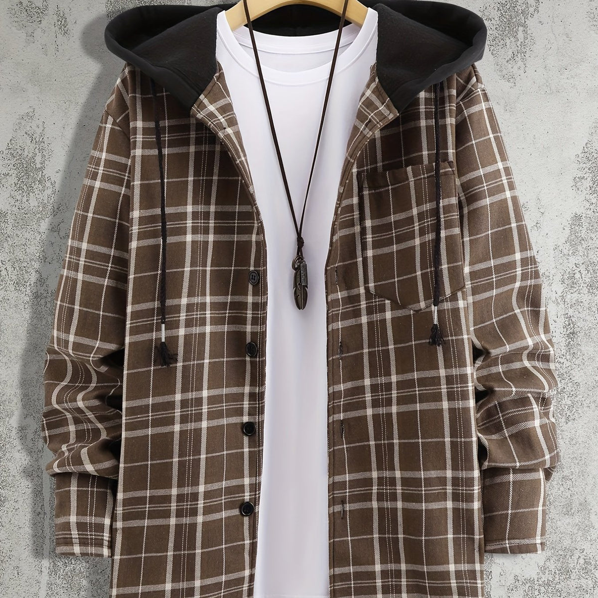 Men's Plaid Shirt Jacket Hooded Long Sleeves Coat
