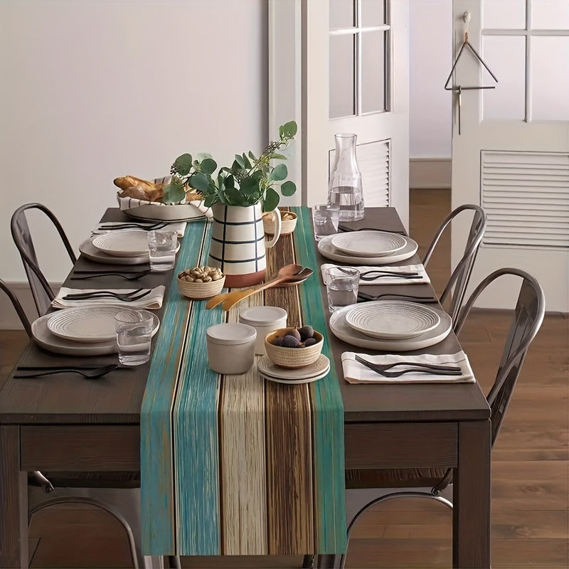 Rustic Linen Burlap Table Runner - Barn Wood Brown Teal - Farmhouse Style