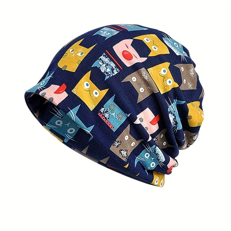 Cartoon Cat Print Beanie Skull Hat Turban Lightweight Chemo Cap