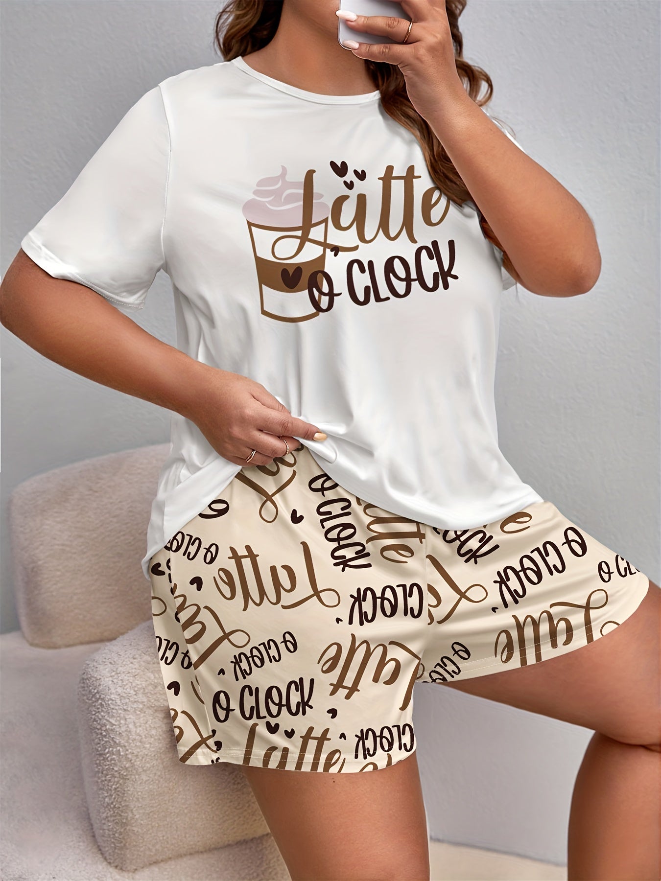  Lounge Set Women's Plus Drinks & Letter Print Tee & Shorts Pajama Set