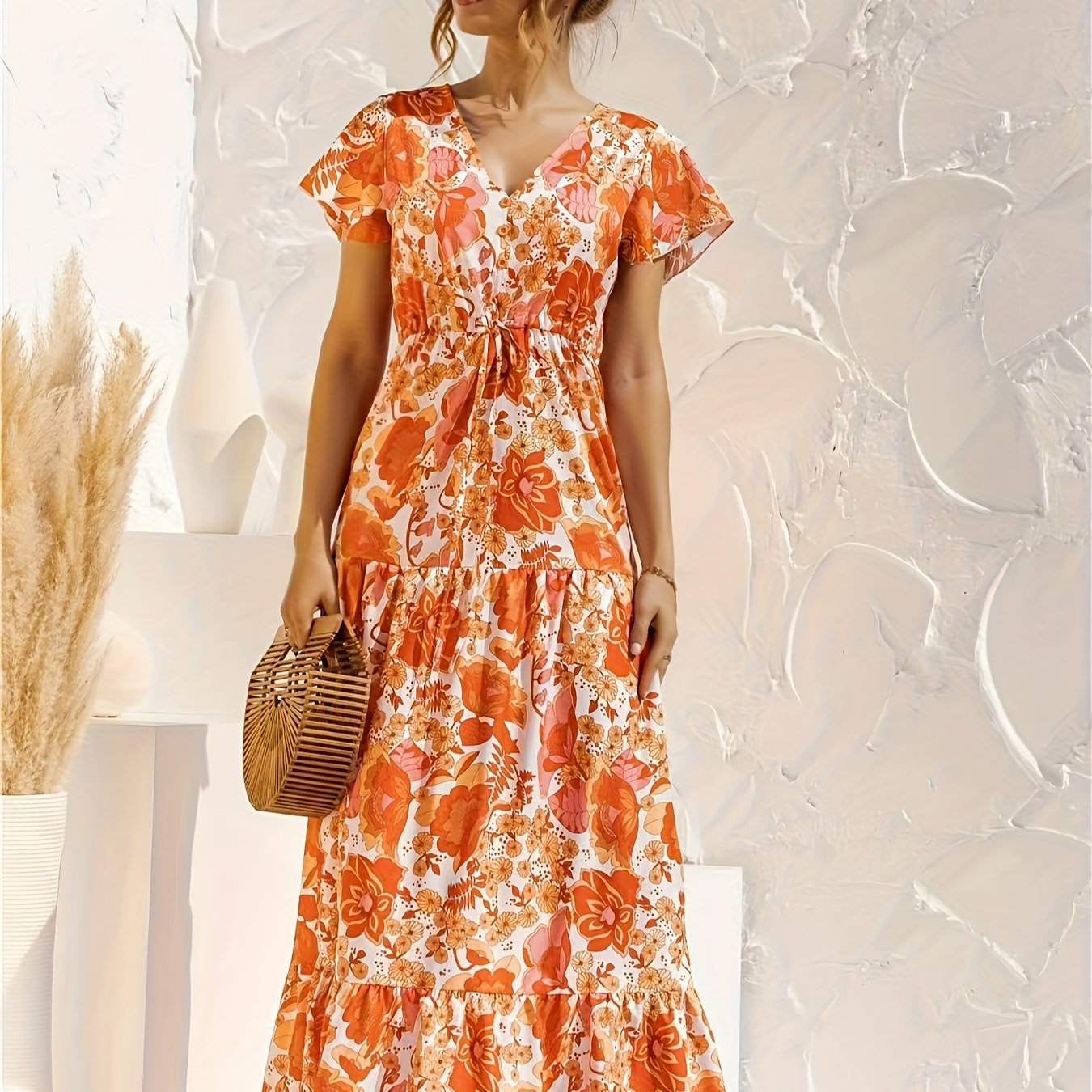  Floral Print Button Decor Smock Maxi Dress