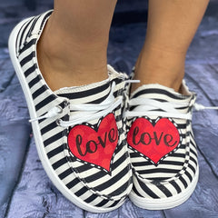 Women's Striped & Red Heart Pattern Boat Shoes