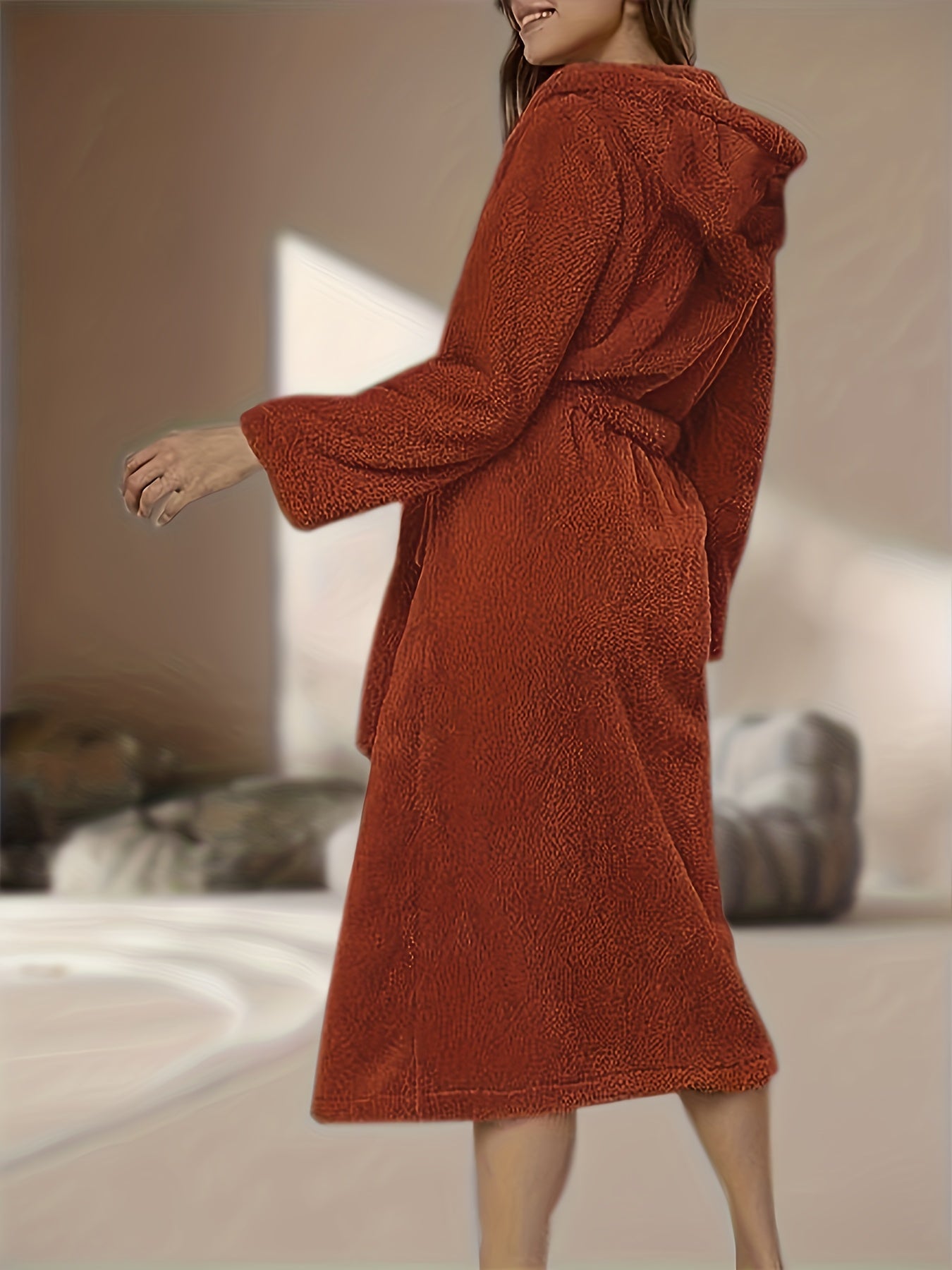  Hooded Fleece Sleepwear Robe with Belt & Pockets