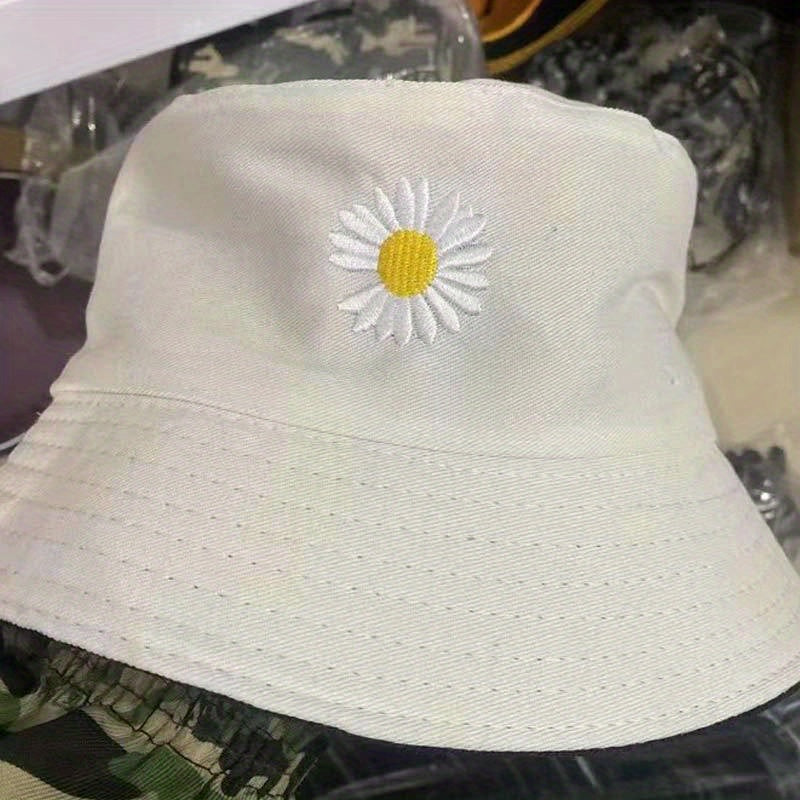 Daisy Flower Embroidery Bucket Hat Reversible Sunscreen Beach Cap Women