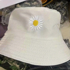 Daisy Flower Embroidery Bucket Hat Reversible Sunscreen Beach Cap Women