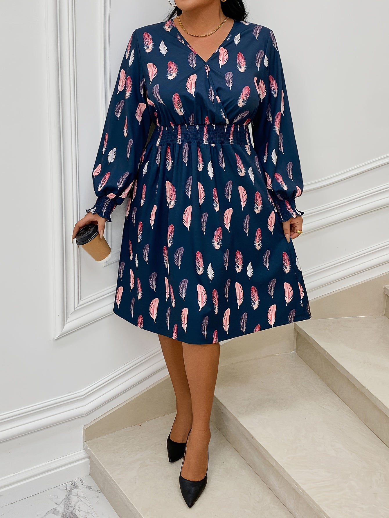  Casual Dress Women's Plus Feather Print V Neck Dress