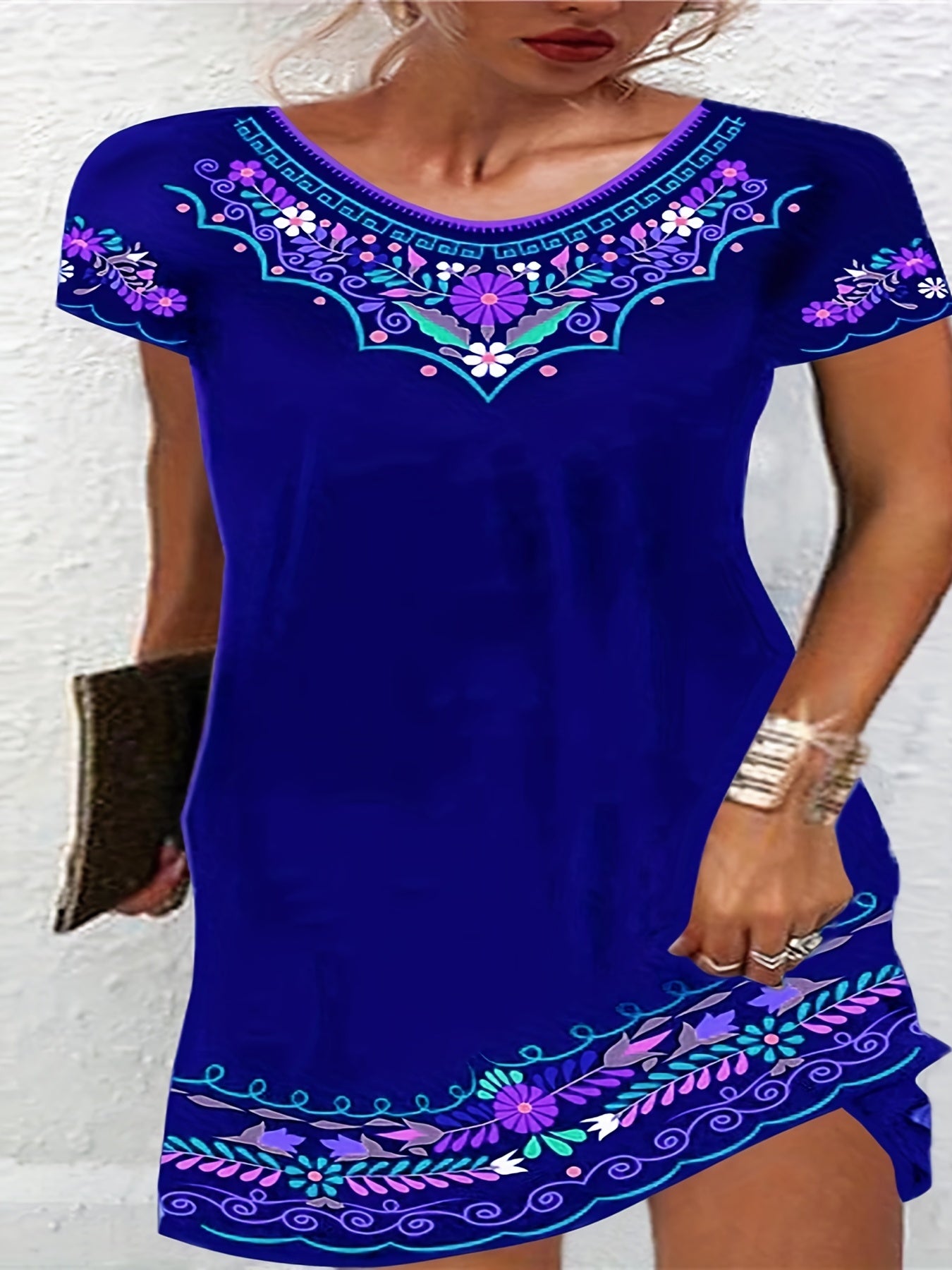  Boho Dress Women's Plus Floral Print Short Sleeve Dress