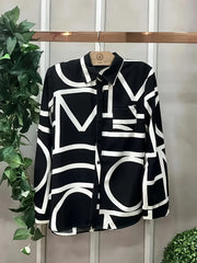  Geometric Print Button Up Long Sleeve Blouse