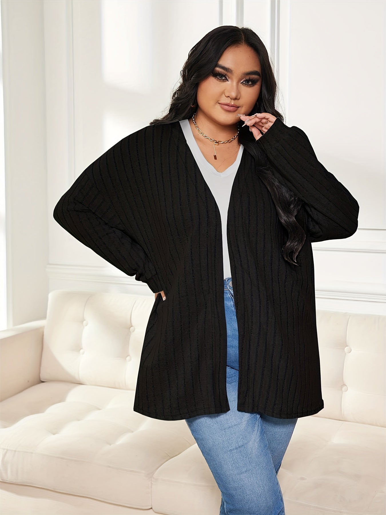 Solid Ribbed Open Front Knit Cardigan