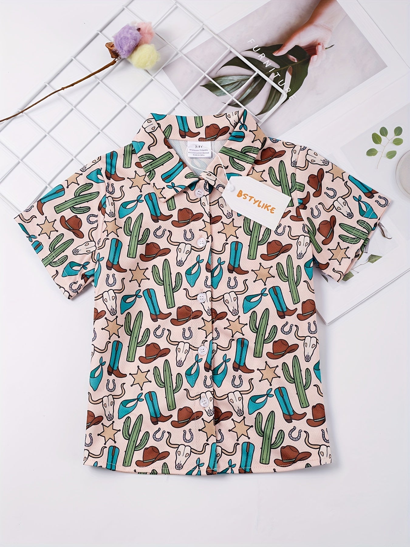 Boys Cactus Bull Head Star Print Shirt Tops Casual For Summer Kids Clothes
