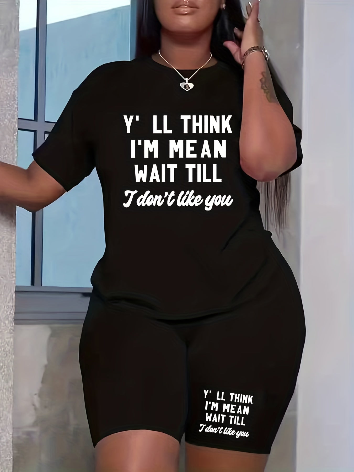 Women's Plus Slogan Print Top & Shorts Set