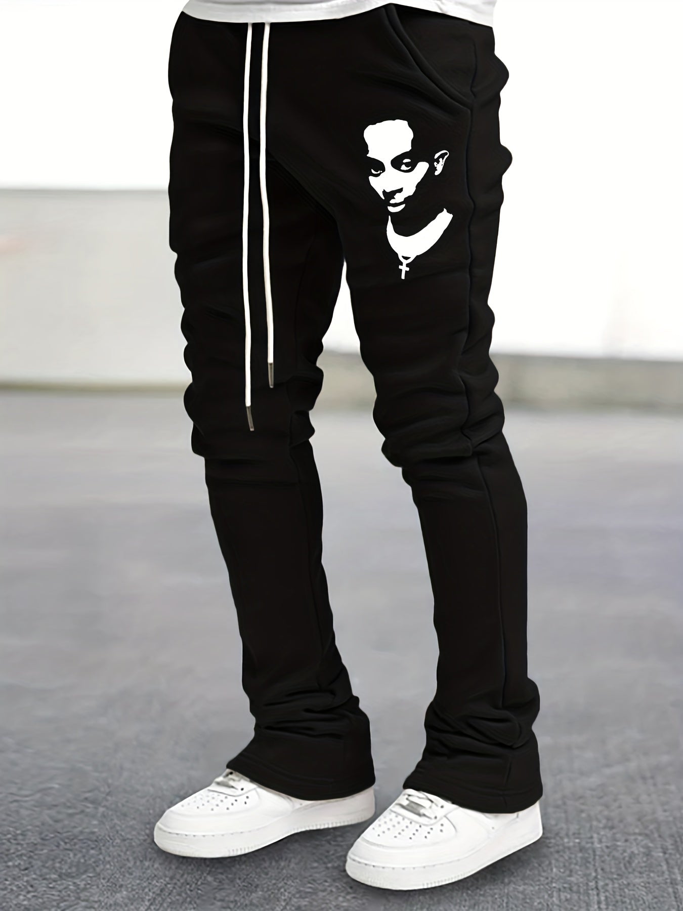 Men's Drawstring Bell bottom Pants Portray Pattern Casual Slim Pants