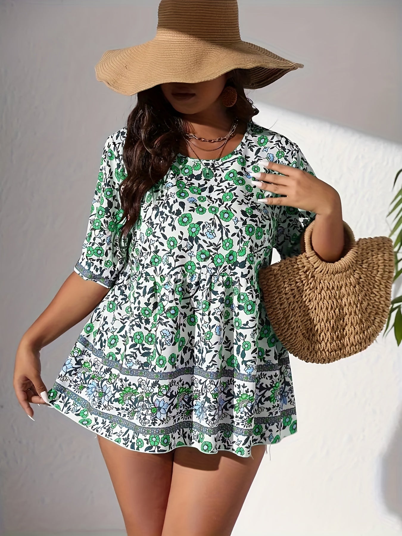  Floral Print Short Sleeve Smock Top