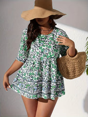  Floral Print Short Sleeve Smock Top