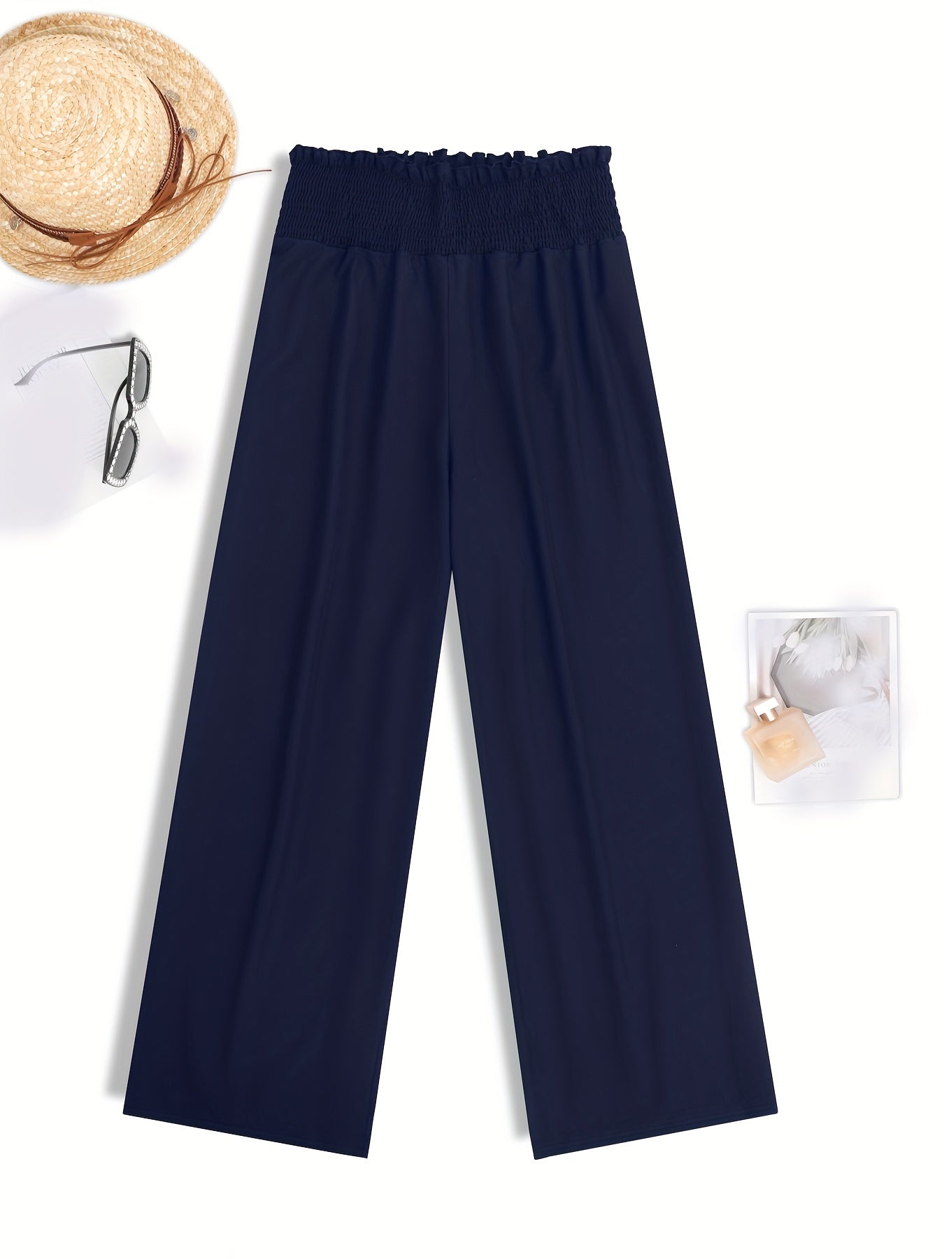  Wide Leg Pants Shirred Waist High Rise Solid Casual