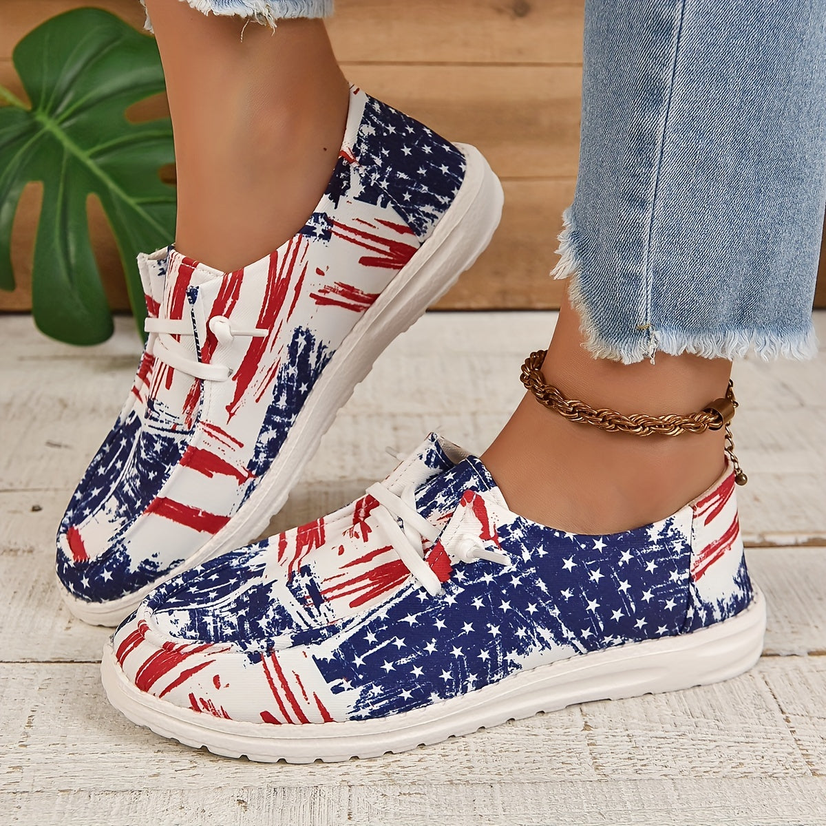 Women's Star Pattern Canvas Shoes Casual Lace Up Flat Loafers Lightweight