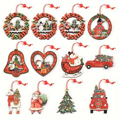 12pcs Wooden Christmas Tree Ornaments Cartoon Santa Claus Snowman