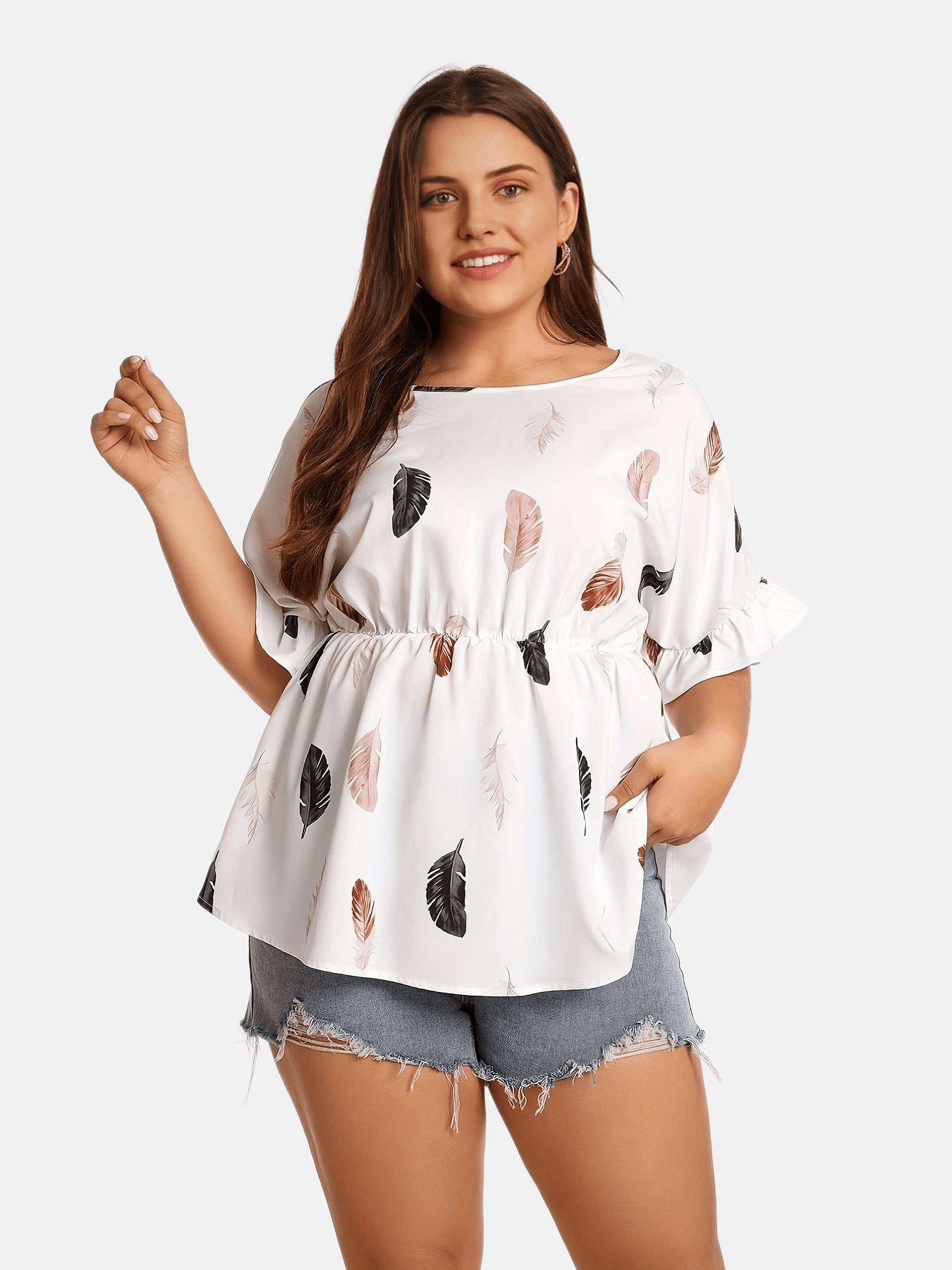  Feather Print Ruffle Trim Criss Cross Short Sleeve Tee