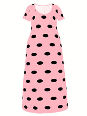  Polka Dot Print Short Sleeve Maxi Dress With Pockets