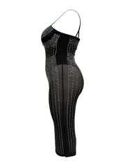 Plus Size Rhinestone Semi Sheer Cami Cocktail Dress
