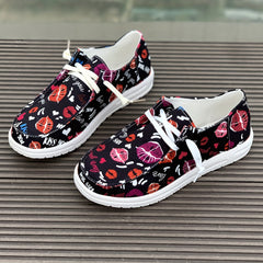 Women's Skate Shoes with Heart & Lips Pattern, Lace-up Canvas