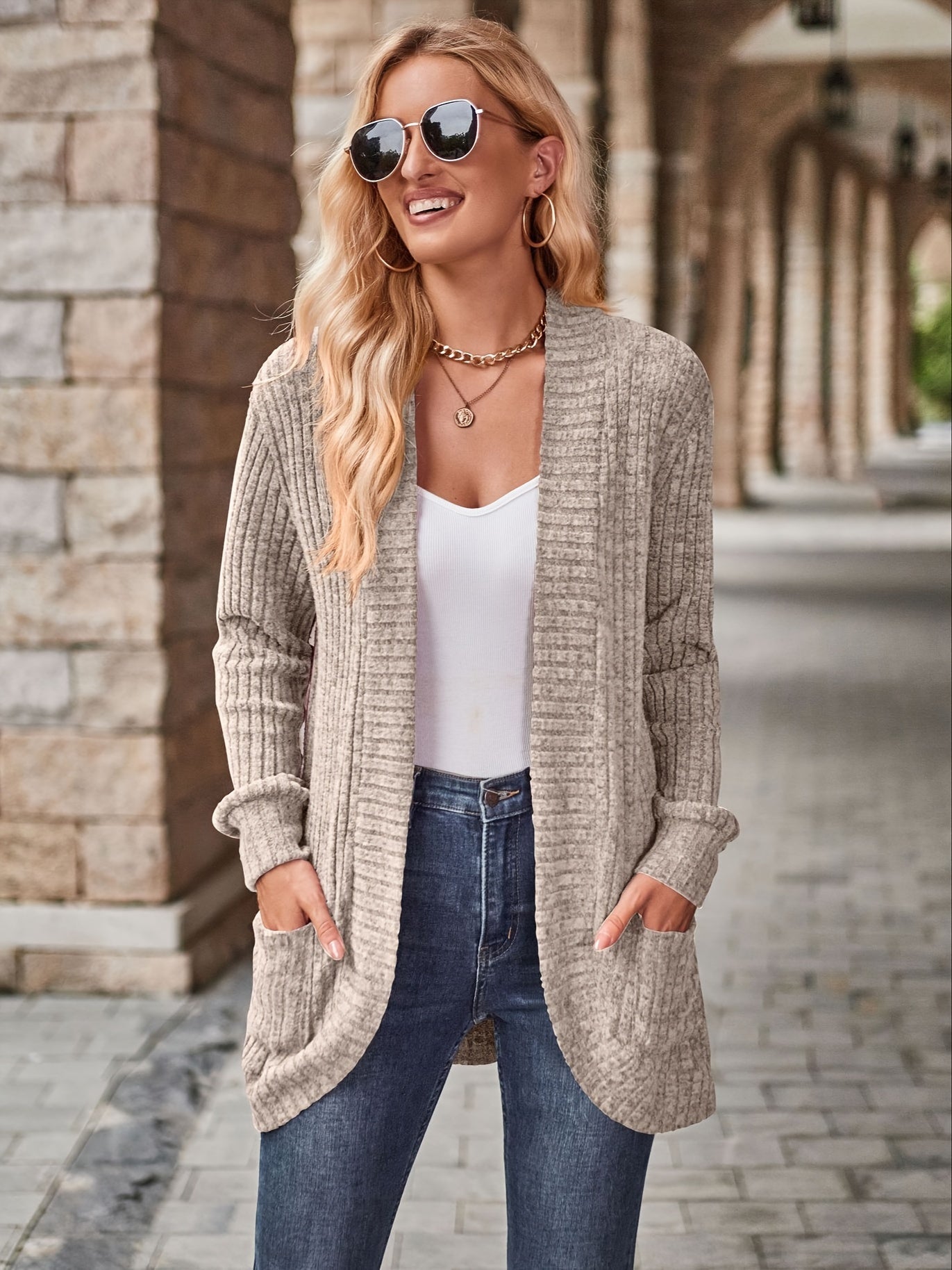  Ribbed Long Sleeve Open Front Cardigan With Pockets