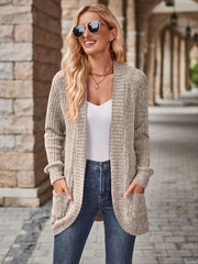  Ribbed Long Sleeve Open Front Cardigan With Pockets
