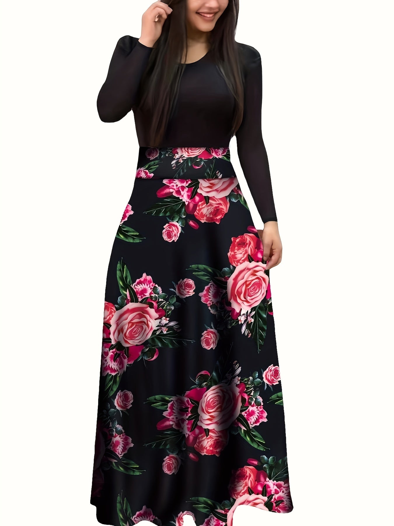  Colorblock Floral Print Long Sleeve Maxi Dress