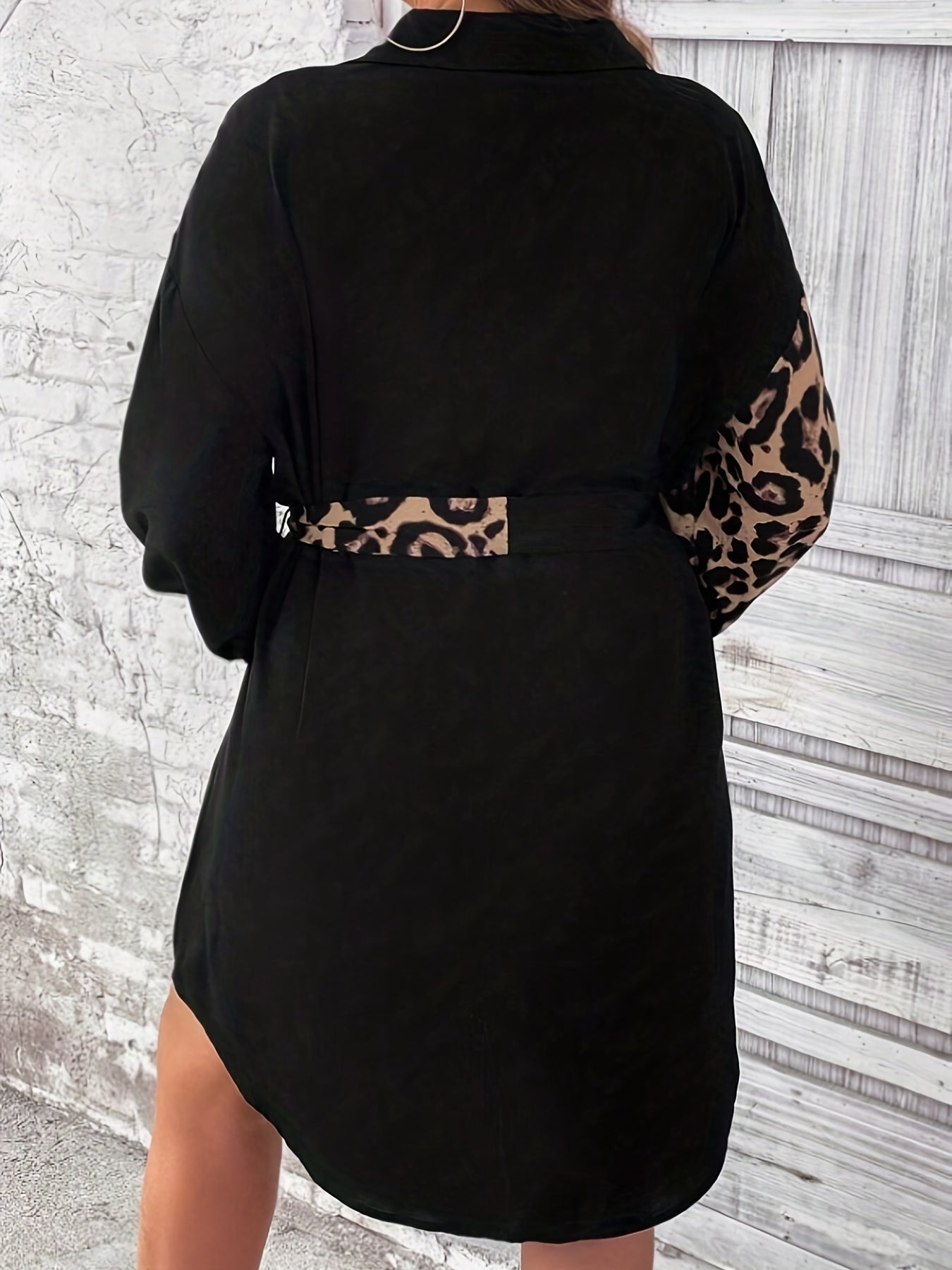  Colorblock Leopard Print Long Sleeve Shirt Dress