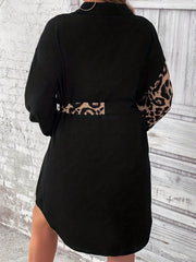  Colorblock Leopard Print Long Sleeve Shirt Dress