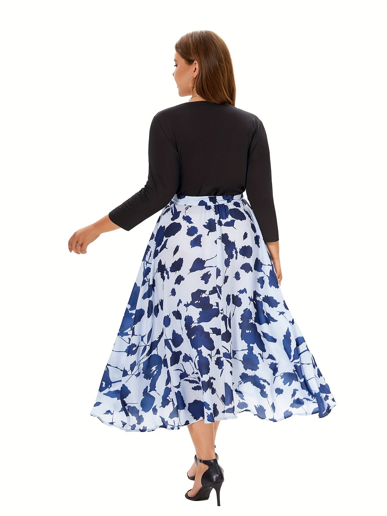  Colorblock Floral Print V Neck Midi Dress