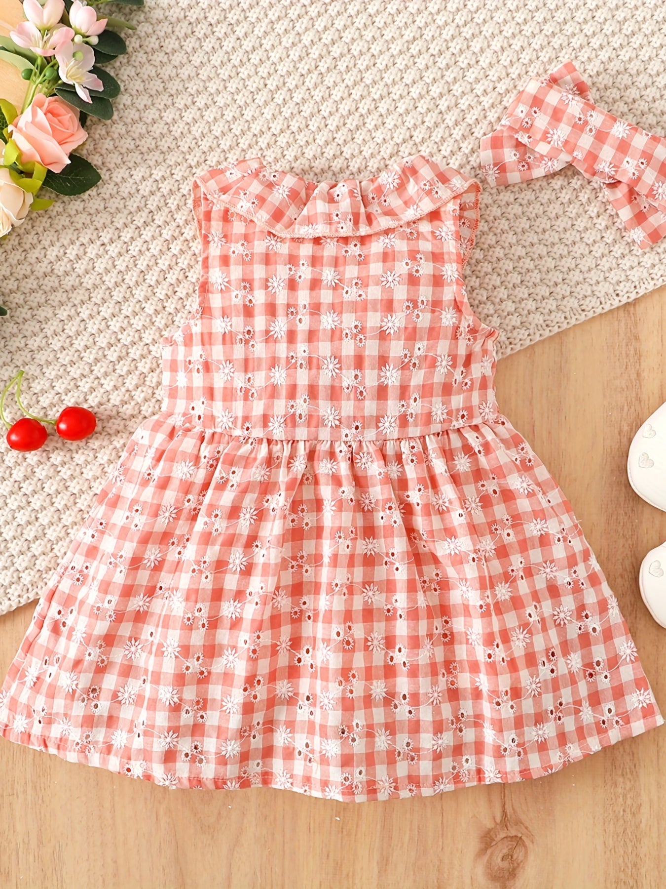 Plaid Embroidered Ruffle Collar Vest Dress Headband Set