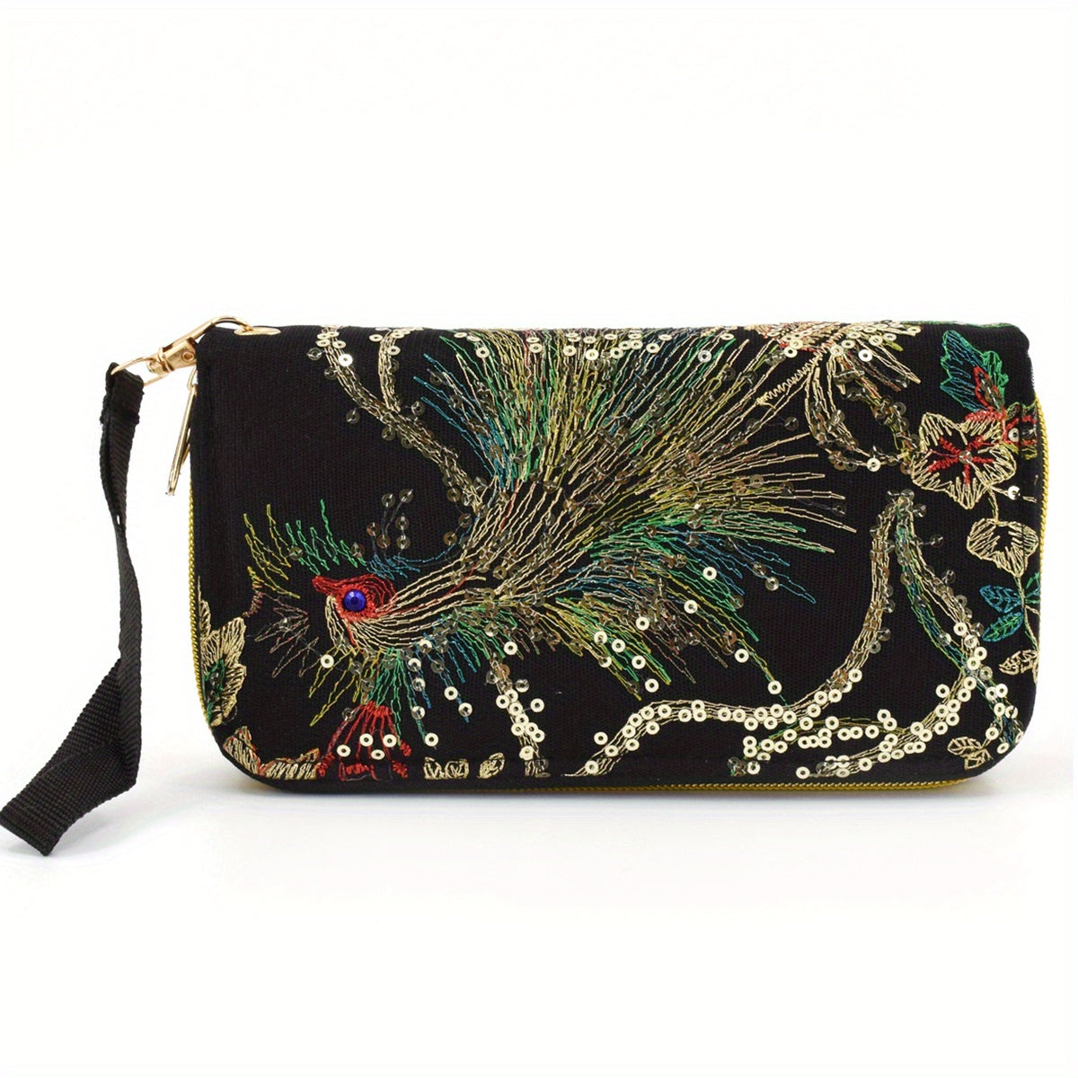 Women's Embroidery Wallet Peacock Print Clutch Layered Phone Bag
