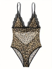  Leopard Print Lace Hollow Out Sexy Bodysuit