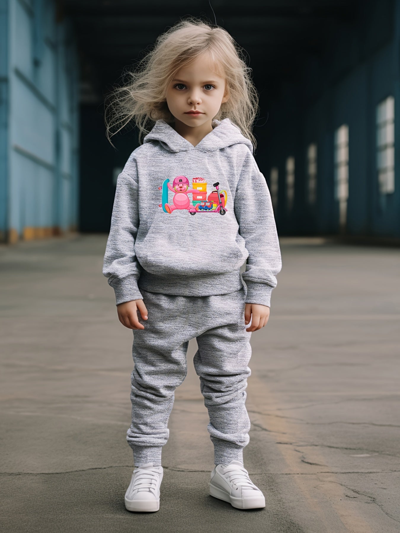 OERYUI Bear Print Hooded Pullover Pants Set for Kids