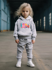 OERYUI Bear Print Hooded Pullover Pants Set for Kids