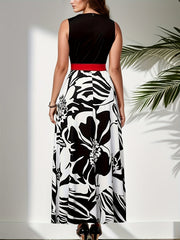  Colorblock Floral Print Tank Dress With Belt