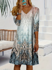  Boho Dress Women's Plus Paisley Print Long Sleeve V Neck Tee Dress