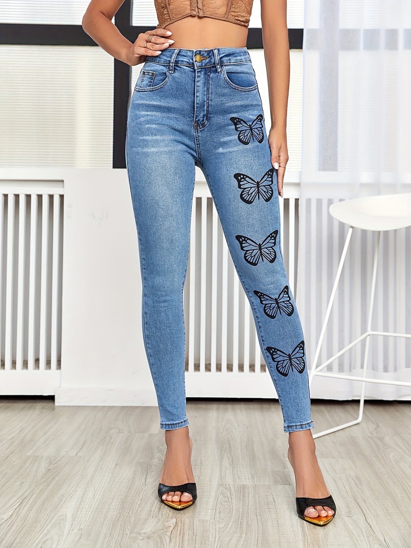 Butterfly Print Skinny Jeans High Rise Denim Pants