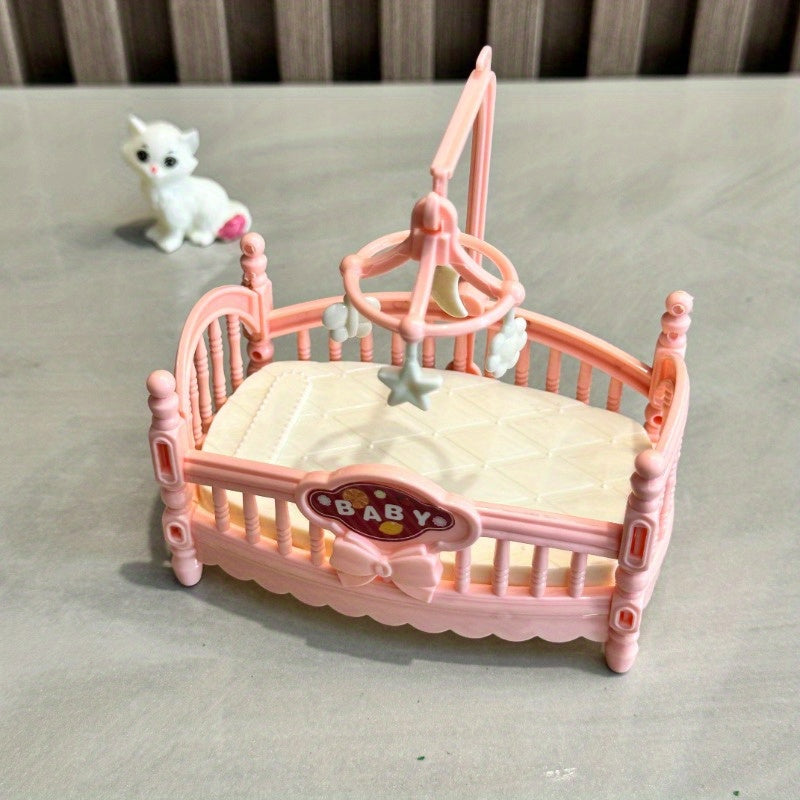 Plastic Dolls House Cradle Bed with Pastel Colors & Intricate Lace Patterns